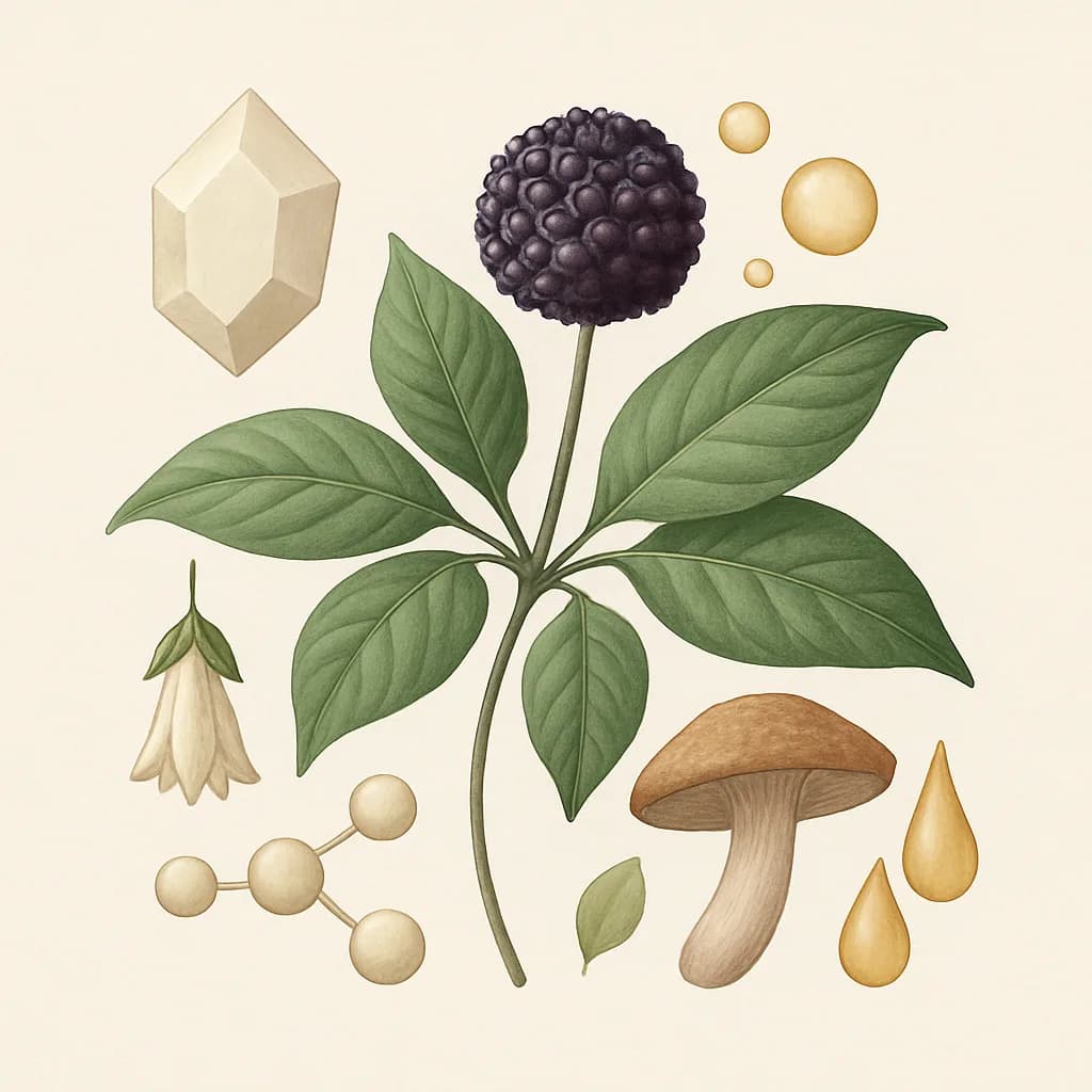 Illustrazione editoriale di Eleuterococco (Eleuthero / Siberian Ginseng), categoria adattogeno