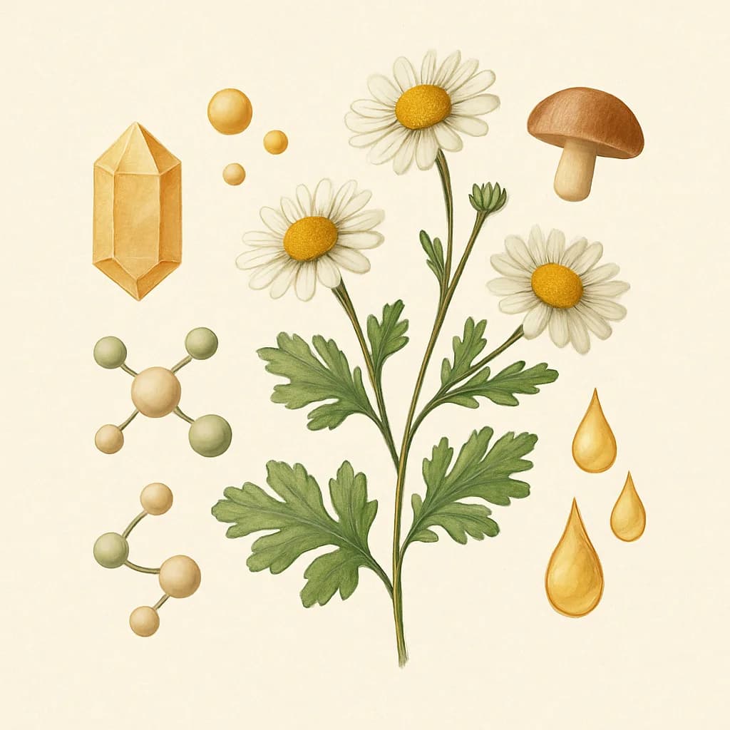 Illustrazione editoriale di Partenio (Feverfew / Tanacetum parthenium), categoria botanico