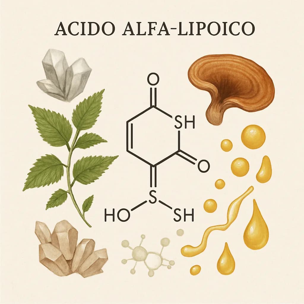 Illustrazione editoriale di Acido Alfa-Lipoico (ALA), categoria antiossidante