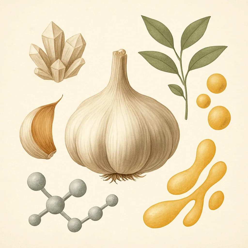 Illustrazione editoriale di Aglio Invecchiato (Allicina / AGE), categoria botanico