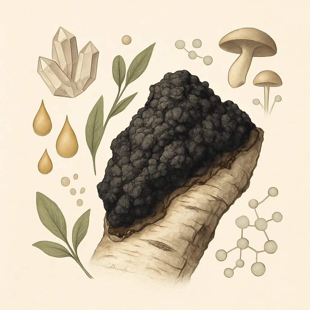 Illustrazione editoriale di Chaga (Inonotus obliquus), categoria fungo medicinale