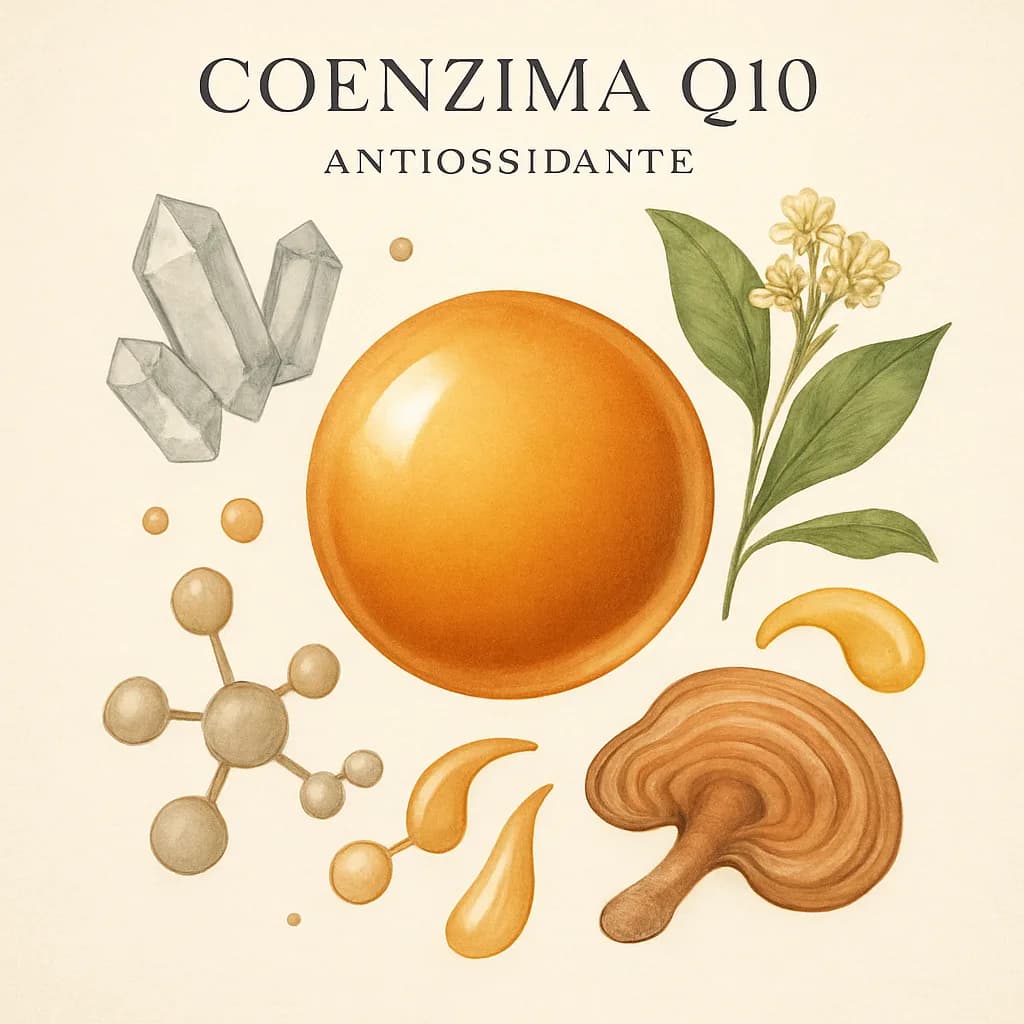 Illustrazione editoriale di Coenzima Q10 (CoQ10 / Ubiquinolo), categoria antiossidante