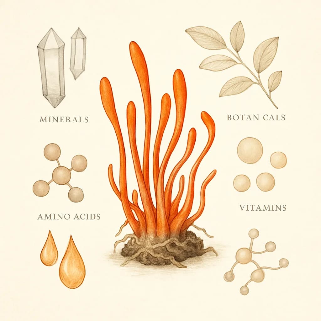 Illustrazione editoriale di Cordyceps (Cordyceps militaris), categoria fungo medicinale