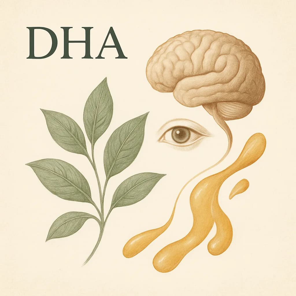 Illustrazione editoriale di DHA (Acido Docosaesaenoico), categoria acidi grassi