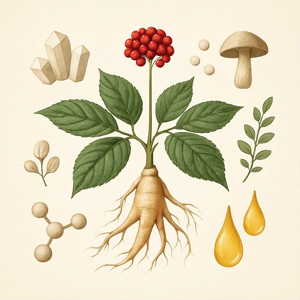 Illustrazione editoriale di Ginseng Americano (Panax quinquefolius), categoria adattogeno