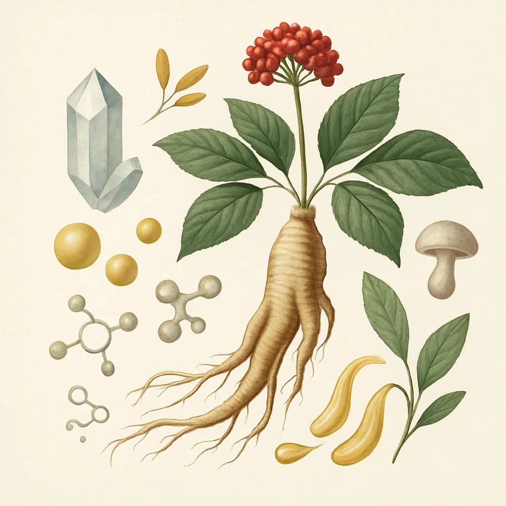 Illustrazione editoriale di Ginseng Coreano (Panax ginseng), categoria adattogeno