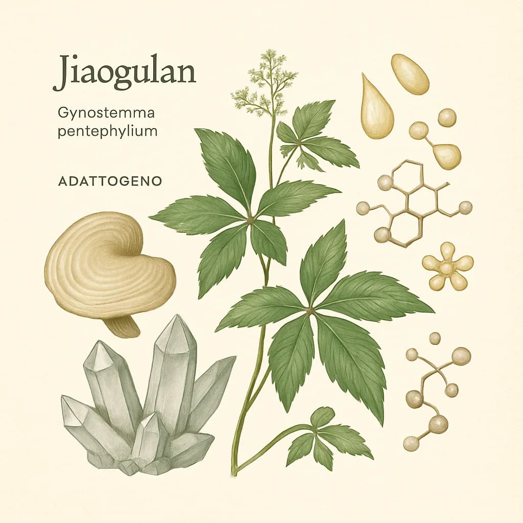 Illustrazione editoriale di Jiaogulan (Gynostemma pentaphyllum), categoria adattogeno