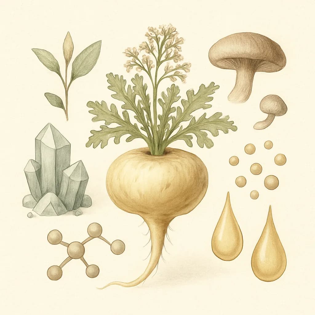 Illustrazione editoriale di Maca (Lepidium meyenii), categoria adattogeno