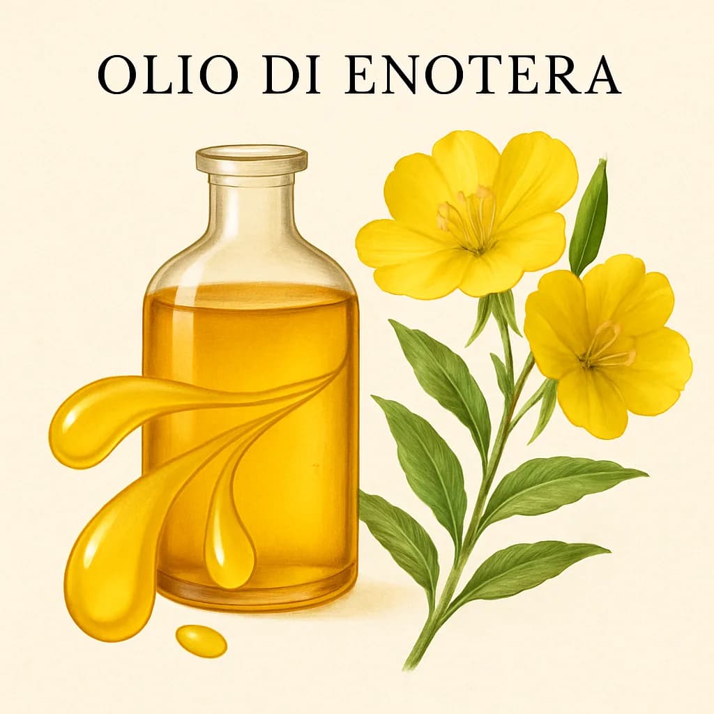 Illustrazione editoriale di Olio di Enotera (Evening Primrose Oil), categoria acidi grassi