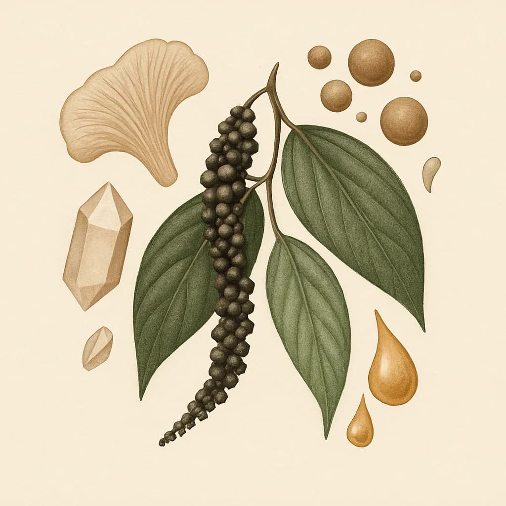 Illustrazione editoriale di Piperina (Estratto di Pepe Nero), categoria botanico