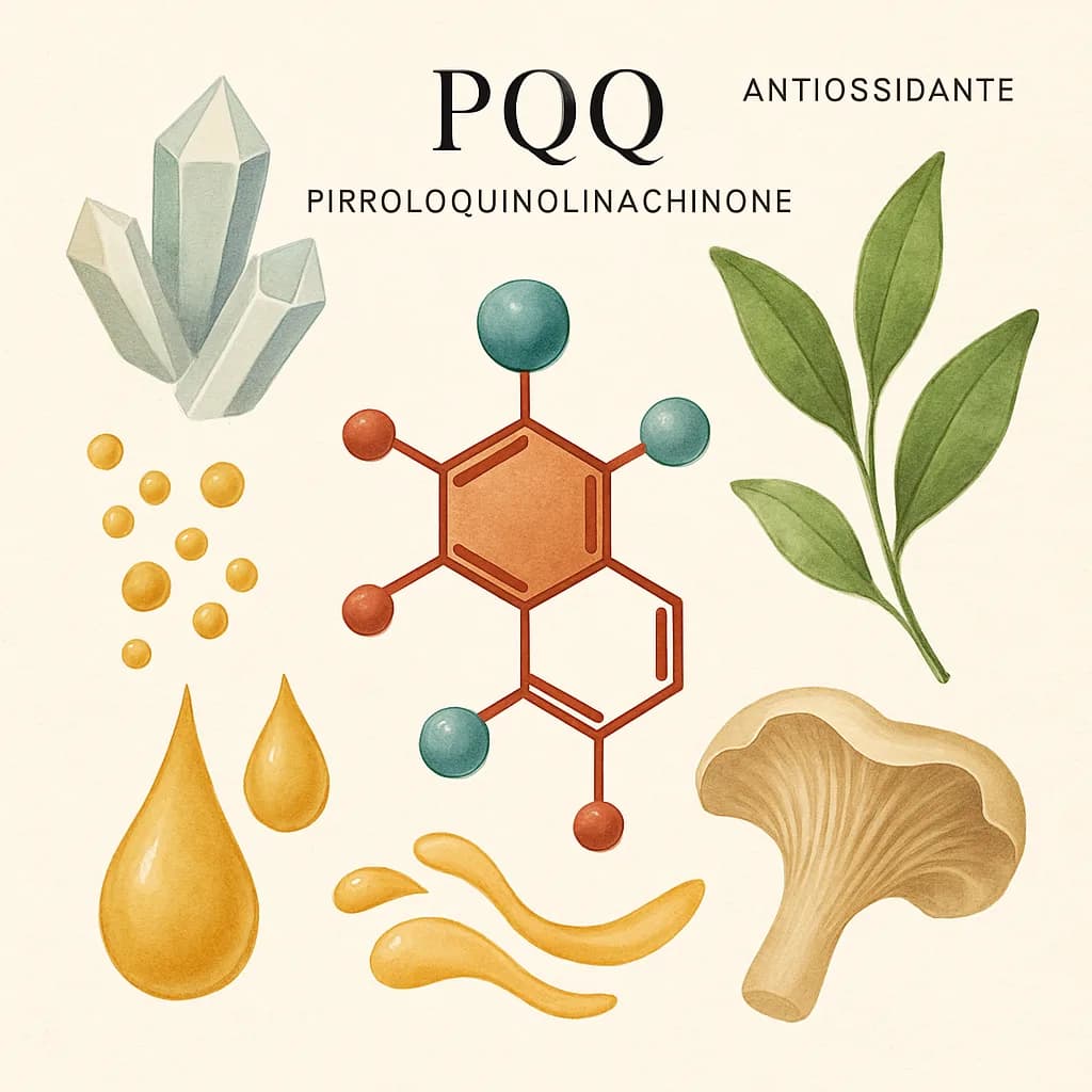 Illustrazione editoriale di PQQ (Pirroloquinolinachinone), categoria antiossidante