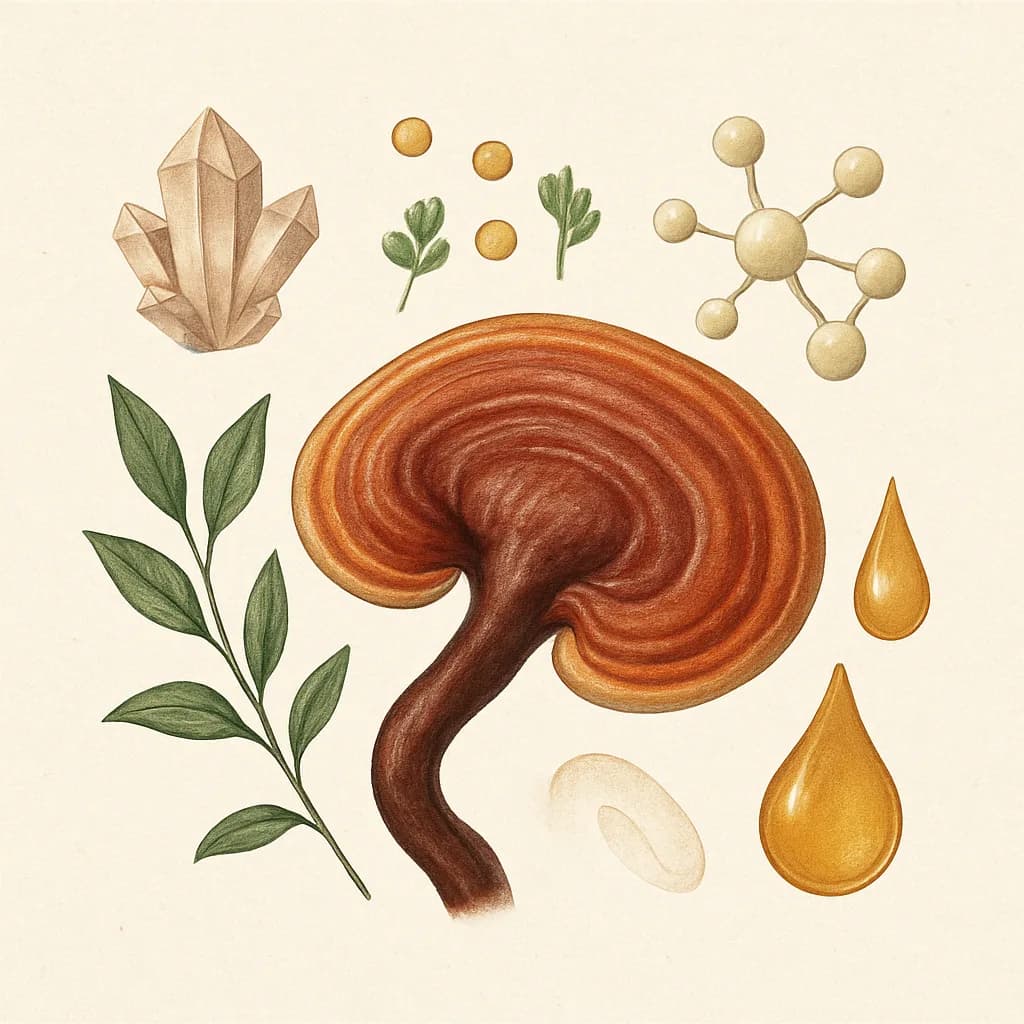 Illustrazione editoriale di Reishi (Ganoderma lucidum), categoria fungo medicinale