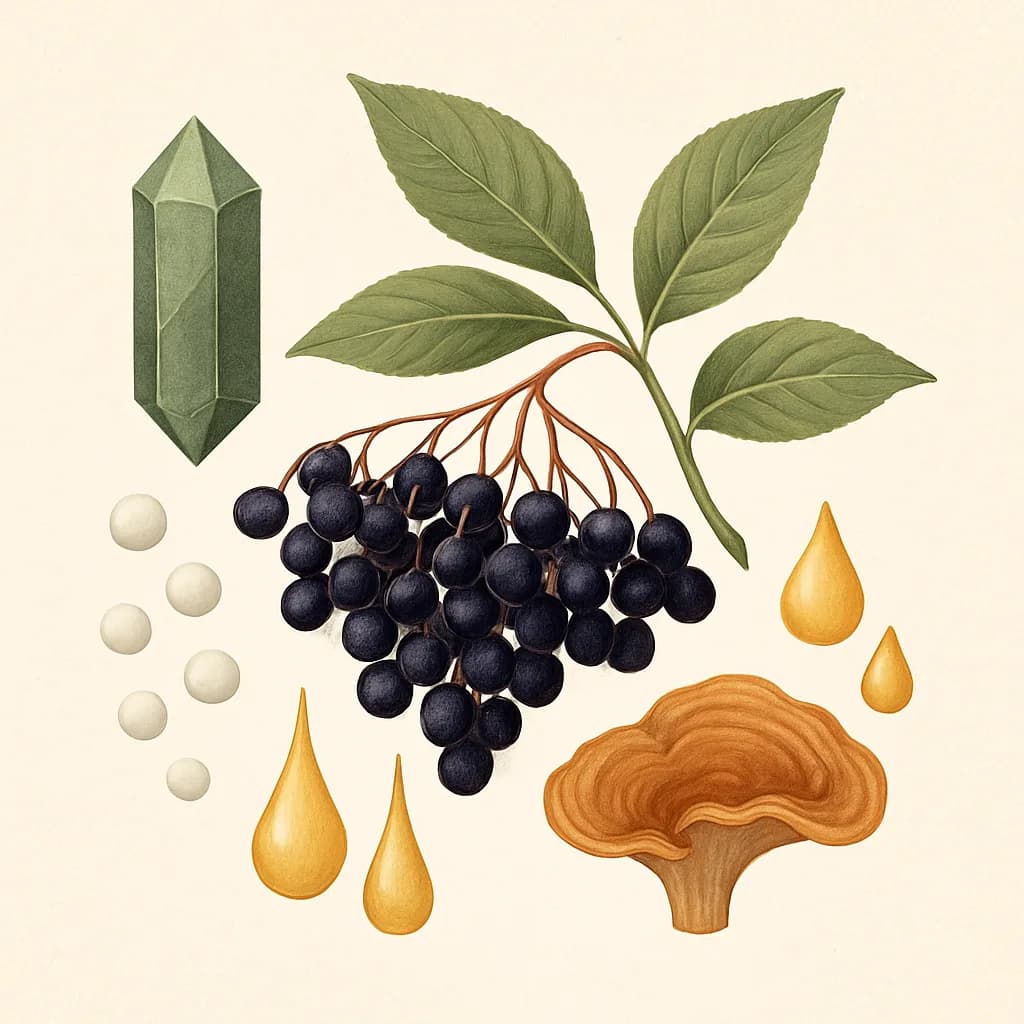 Illustrazione editoriale di Sambuco Nero (Elderberry / Sambucus nigra), categoria botanico