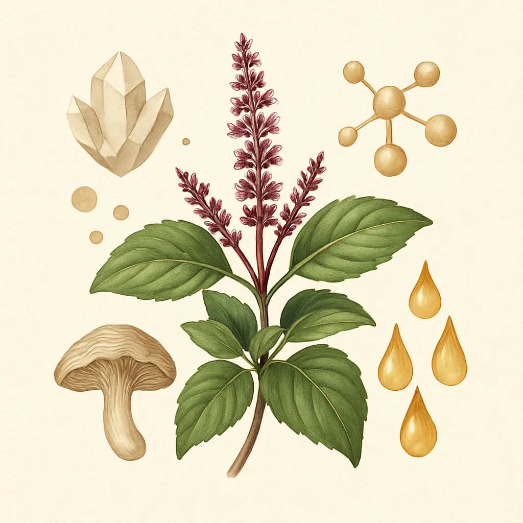 Illustrazione editoriale di Tulsi (Basilico Sacro / Holy Basil), categoria adattogeno