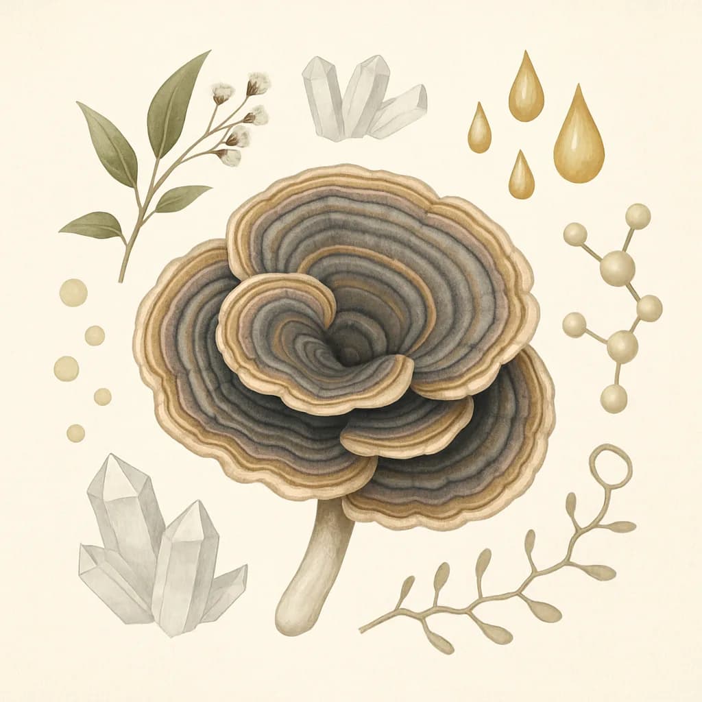 Illustrazione editoriale di Turkey Tail (Trametes versicolor), categoria fungo medicinale